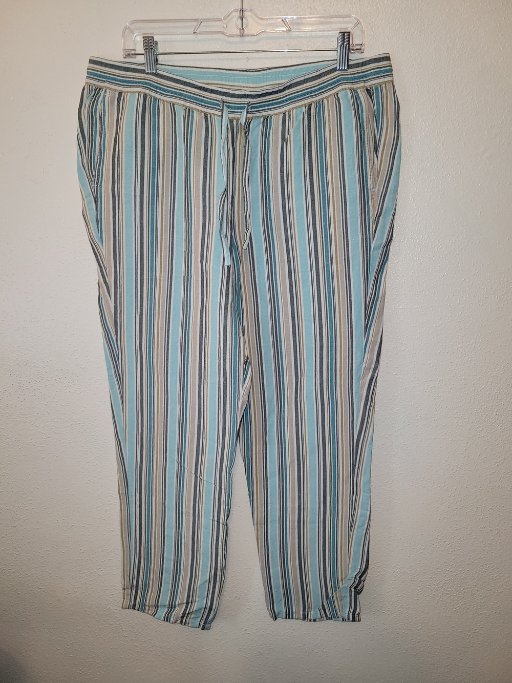 J.Jill Striped Linen Blend Crop Pants Blue White Pull-On Size M Tall
